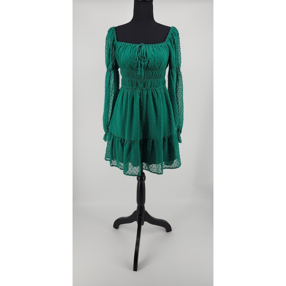 Trixxi Green Swiss Dot Smocked‎ Mini Dress Long Sleeve Ruffle Hem Fairy Small